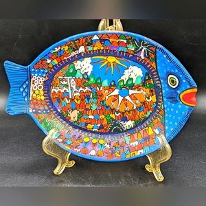FISH PLATE ~ MEXICAN CLAY POTTERY ~ FOLK ART ~ HAND PAINTED ~ 9”~ with Hole for